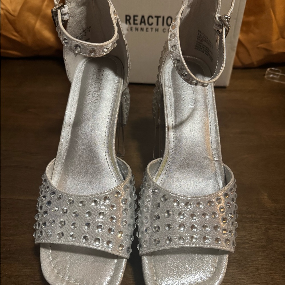 #1515 KENNETH COLE DRESS SANDALS ON SILVER RHINESTONES, BLOCK HEEL